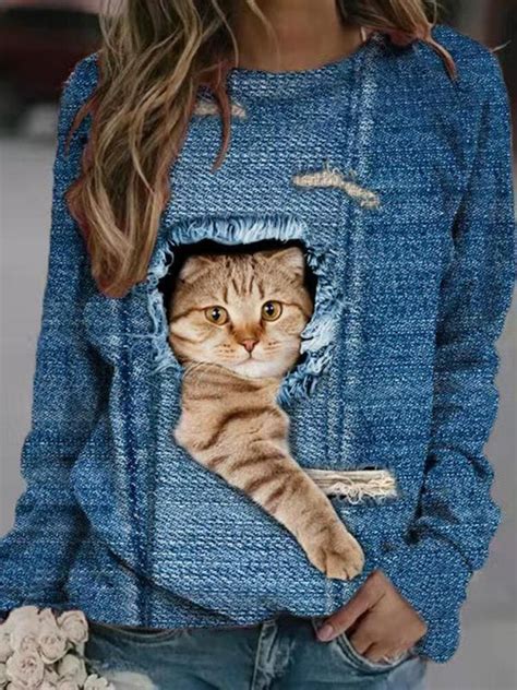 Women Design 3D Cat Print Pullover Long Sleeve Cute Sweatshirts - Trendha Hoodie Sweatshirts ...
