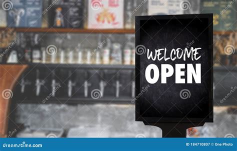 Come in Weâ€™re Openâ€™ on Cafe Waiter Standing in Front of Coffee Shop Vintage Stock Image ...