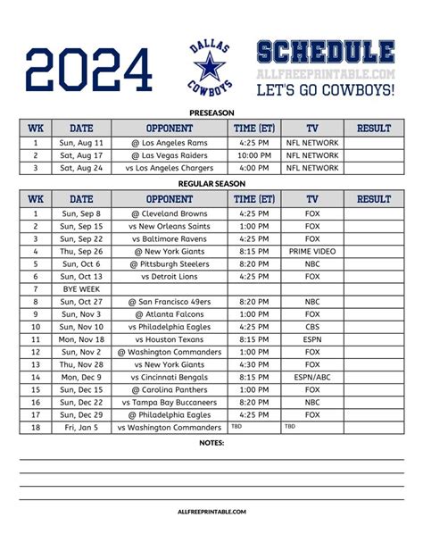 Dallas Cowboys Schedule 2024 Printable Pdf Download - Midge Marie-Ann