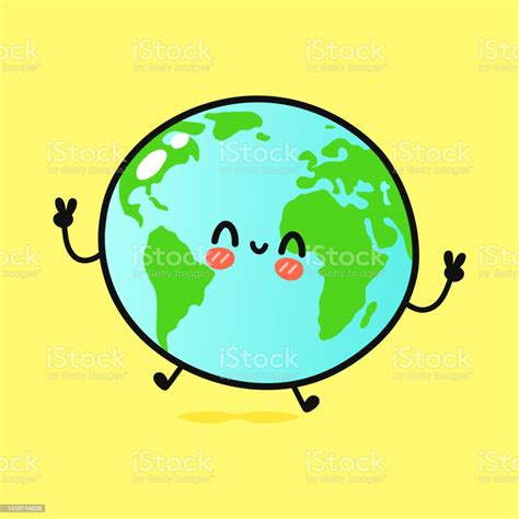 Cute Funny Jumping Planet Earth Vector Hand Drawn Cartoon Kawaii Character Illustration Icon ...
