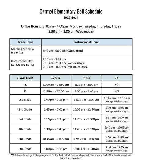 BELL SCHEDULE | Carmel Elementary School