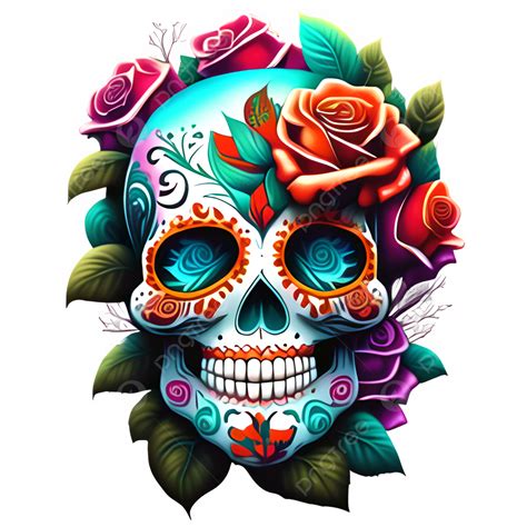 Colorful Sugar Skull With Roses, Sugar Skull, Skull Art, Flowers PNG Transparent Clipart Image ...