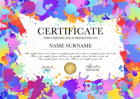 Certificate, Diploma template with colorful pattern background (art paint drops, spots). Vector ...