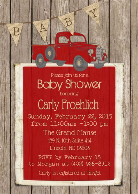 Rustic Baby Shower Invitation for Boy with Red Vintage Truck - printable 5x7 | Truck baby shower ...