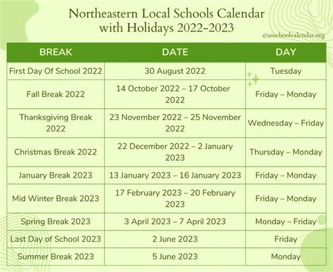 [NELSD] Northeastern Local Schools Calendar Holidays 2023