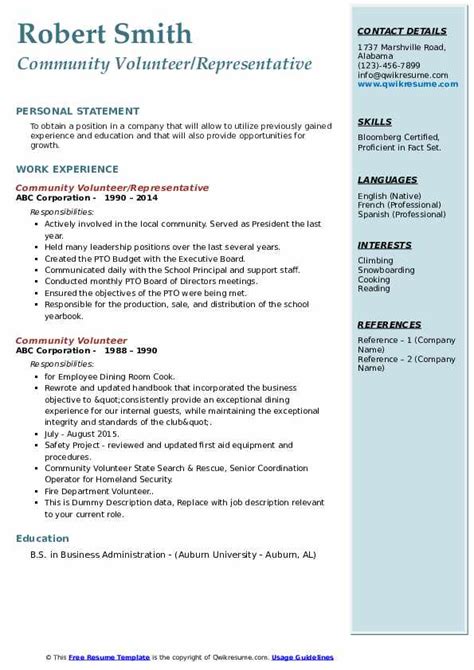 Community Volunteer Resume Samples | QwikResume