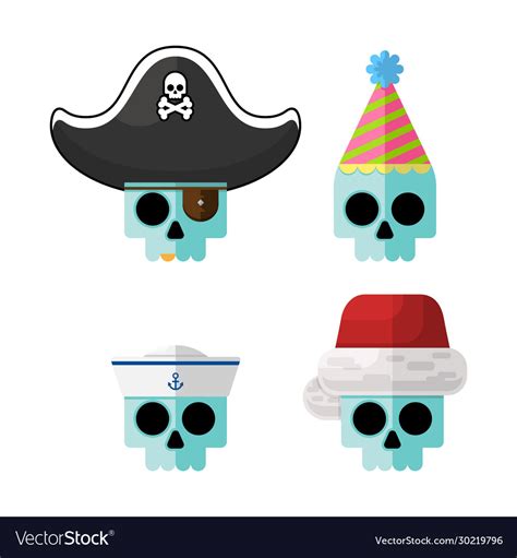 Flat skulls in funny costume hats gr Royalty Free Vector