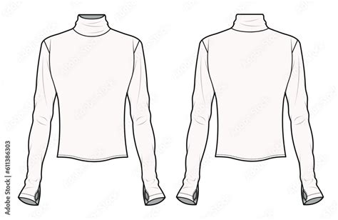 Ladies turtle neck tops long sleeve front and back view flat sketch ...