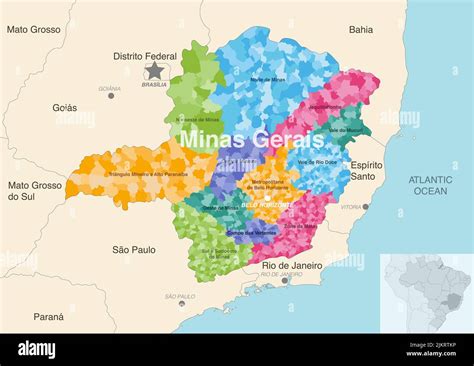 Brazil state Minas Gerais administrative map showing municipalities colored by state regions ...