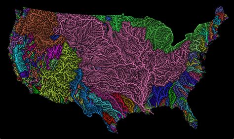 Rivers basins of the US in rainbow colours | Amazing maps, River basin, Colorful map