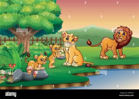 Lion family cartoon are enjoying nature by the river Stock Vector Image ...