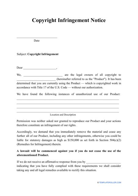 Copyright Infringement Notice Template Download Printable PDF | Templateroller