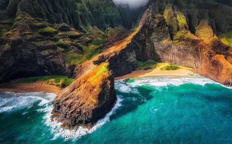 landscape, Nature, Kauai, Hawaii, Beach, Cliff, Sea, Mountain, Coast, Aerial View Wallpapers HD ...