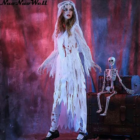 Halloween Scary White Bloody Mary Costume Cosplay Long Dress Halloween Theme Party Zombie Nurse ...