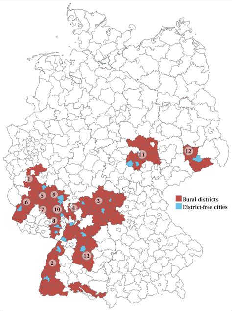 Map of the 13 German wine regions divided into rural districts and ...