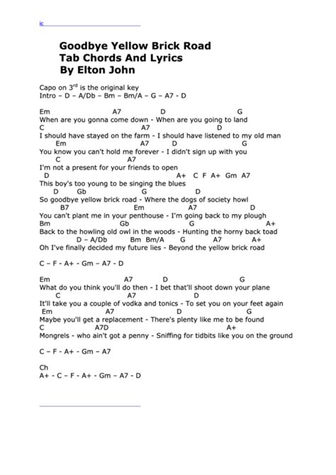 Goodbye Yellow Brick Road Tab Chords And Lyrics By Elton John printable pdf download