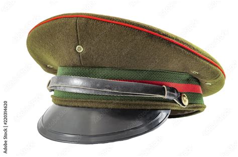 Russian military hat and soviet army uniform concept with army officer cap isolated on white ...