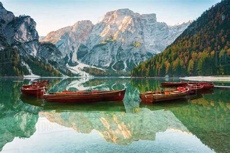 Alpine lake of Braies (Pragser Wildsee) in Trentino Alto Adige-South Tyrol, at dawn, Bolzano ...