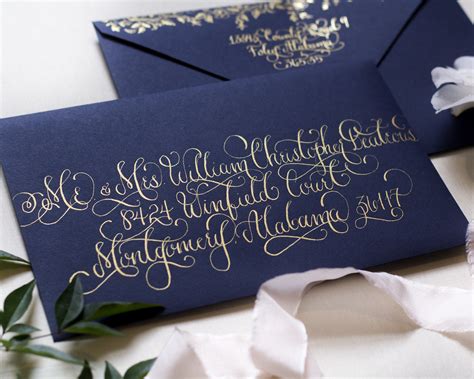 Regal Navy and Gold Foil Calligraphy Wedding Invitations