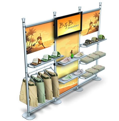 Product Display showing available options for hanger racks, shelving, graphics, monitor mount ...