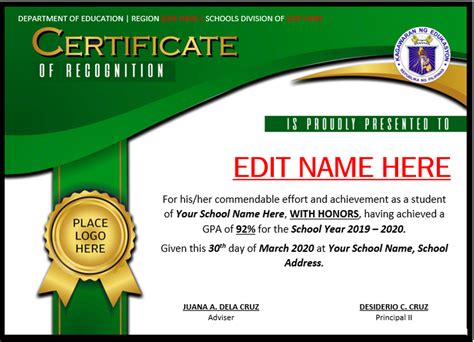 Deped Certificate Of Recognition Template 2019 Certificate Certificate ...