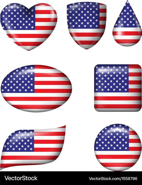 American Flag in various shape glossy button Vector Image