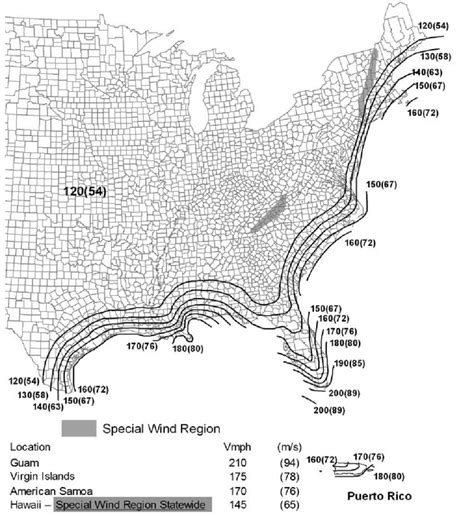 5 basic wind speeds for part of the United States of America (ASCE 7-10 ...