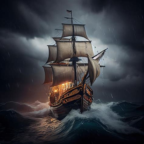 Premium Photo | A pirate ship on the high seas during a storm an old ancient pirate galleon