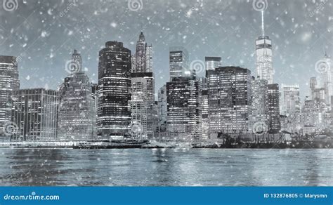 Toned Photo of New York City Manhattan Downtown Skyline at Winter Night ...