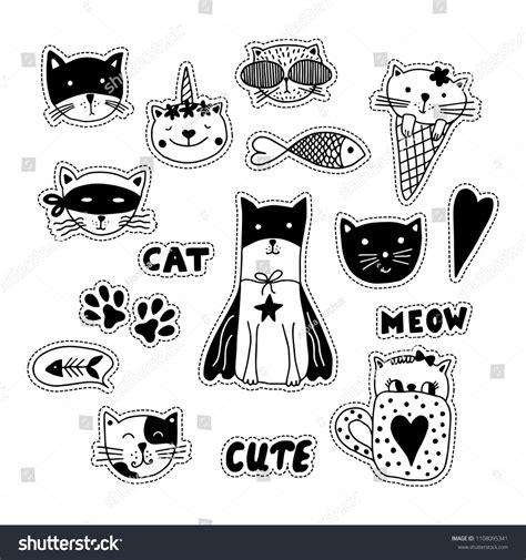 Black White Doodle Stickers Cats Hearts Stock Vector (Royalty Free ...