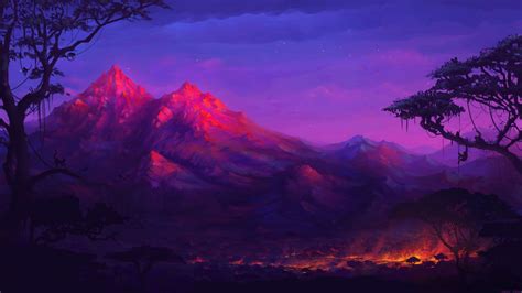 mountains, painting, sunset, sky, landscape HD Wallpaper