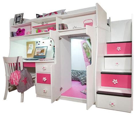 white fuschia wooden loft bed with a desk, a built in dresser, a ...