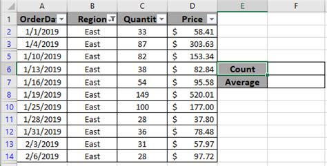 Excel Count filtered row using SUBTOTAL function