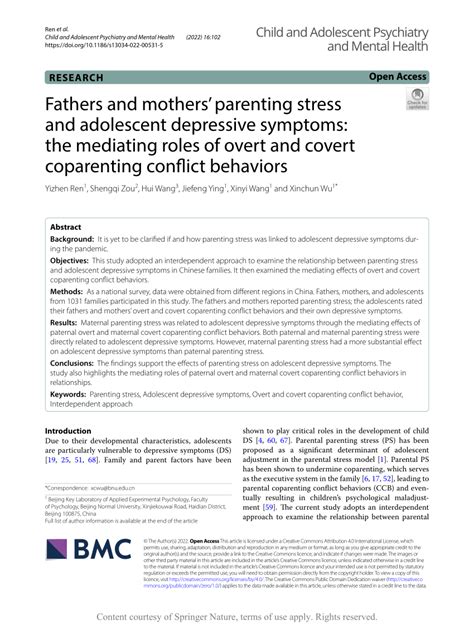 (PDF) Fathers and mothers’ parenting stress and adolescent depressive symptoms: the mediating ...