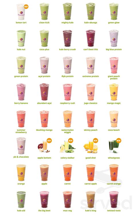 Jugo Juice menu in Vancouver, British Columbia, Canada