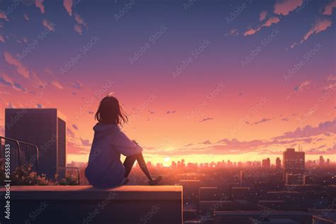 Girl sitting on rooftop watching beautiful sunset over city. Anime style wallpaper. AI Stock ...