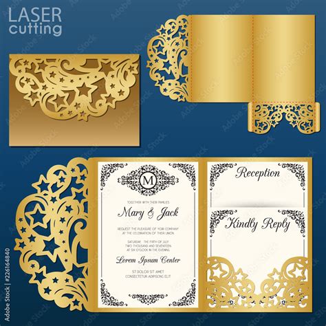 Laser cut wedding invitation card template vector. Tri fold envelope.Wedding invitation or ...