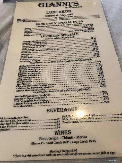 Menu at Gianni's restaurant, Pompano Beach