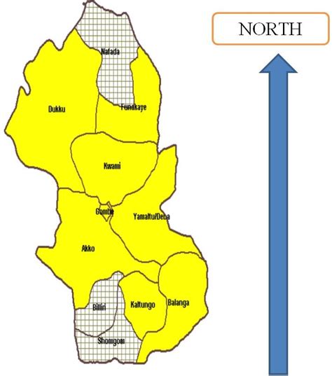 Map of Gombe State showing the study areas in yellow colour. Source ...