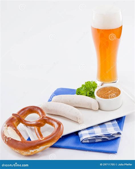 Weisswurst White Sausages and Sweet Mustard with Pretzel Stock Image - Image of german, germany ...