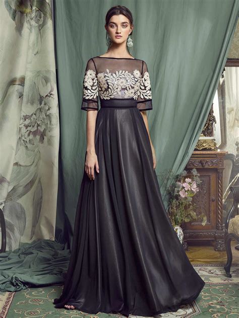 Papilio A-line evening gown with short sleeves and sequinned embroidery