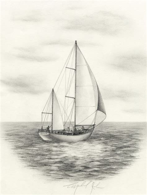 a pencil drawing of a sailboat in the ocean