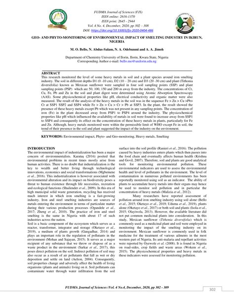 (PDF) GEO- AND PHYTO-MONITORING OF ENVIRONMENTAL IMPACT OF SMELTING INDUSTRY IN IKIRUN, NIGERIA