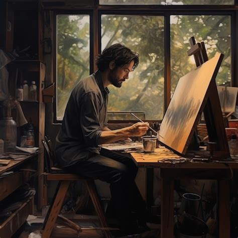 Premium AI Image | a man is painting in front of a window with a large ...