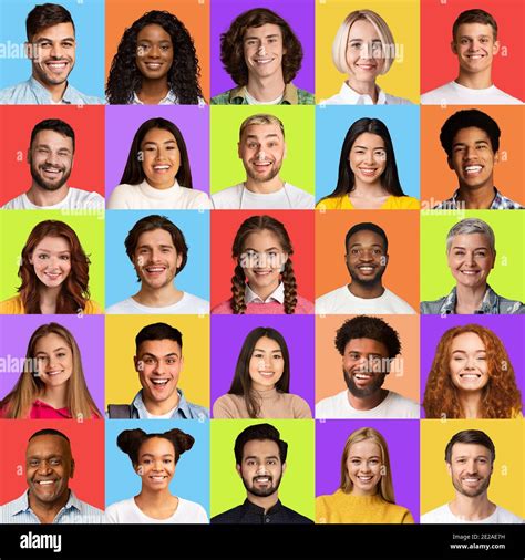 Square Collage Of Happy Multicultural People Faces On Colorful Backgrounds Stock Photo - Alamy