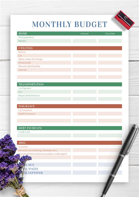 Monthly Budget Template Printable