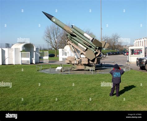 Royal Air Force Museum Hendon London Bloodhound missile at the main entrance boy taking picture ...