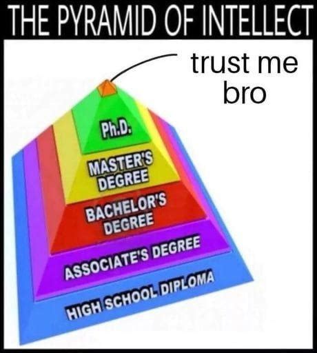 The pyramid of intellect. Trust me bro. Ph.D. Master's degree. Bachelor ...