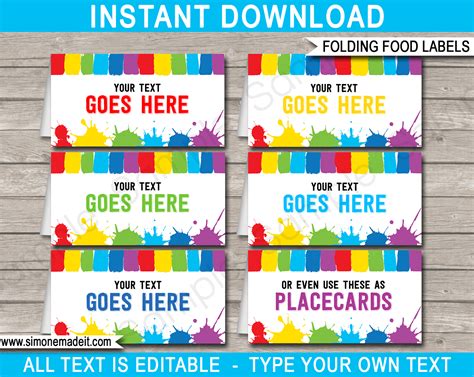 Art Party Food Labels Template | Place Cards | Paint Theme Birthday Party