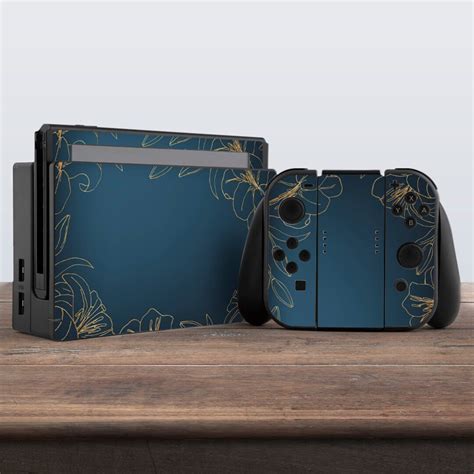 Nintendo Switch Skin Blue Vinyl Sticker Dark Gold Floral Line Leaf ...